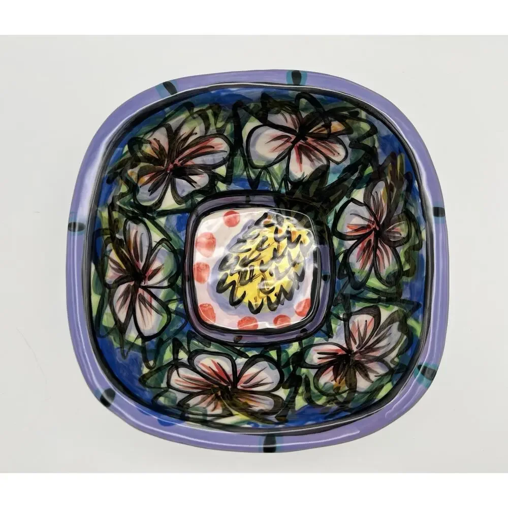 Hawaiian Hand Painted Square Pottery Bowl 8” Signed Kauai Masters 1997 Vintage